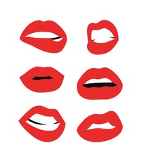 Fototapeta na wymiar Sexy Female Lips with Matt Red Lipstick. Flat Style Vector Fashion Illustration Woman Mouth. Gestures Collection Expressing Different Emotions