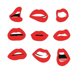 Fototapeta na wymiar Sexy Female Lips with Matt Red Lipstick. Flat Style Vector Fashion Illustration Woman Mouth. Gestures Collection Expressing Different Emotions