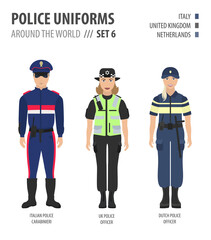 Police uniforms around the world. Suit, clothing of european police officers vector illustrations set