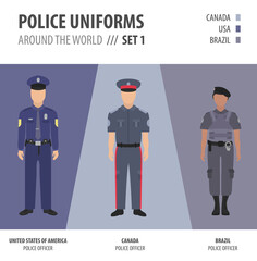 Police uniforms around the world. Suit, clothing of american police officers vector illustrations set