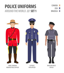 Police uniforms around the world. Suit, clothing of american police officers vector illustrations set