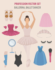 Profession and occupation set. Ballerina equipment flat design icon. Different suits of ballet dancer