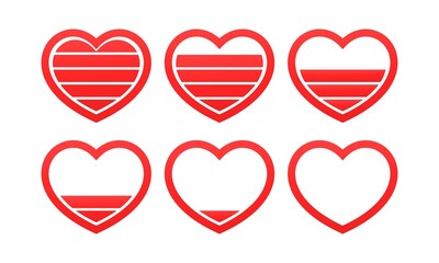 Set of Heart increasing filling. Empty to full. Heart batteries. Level of love. Illustration vector