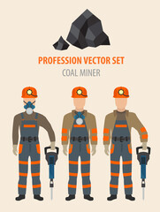 Profession and occupation set. Coal mining equipment, miner tools flat design icon