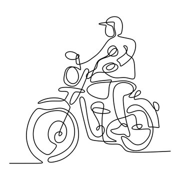 recommend clip art: One continuous line of a man riding old motorcycle. Young male wearing helmet and rides a chopper motor on the street. Retro motor bike concept. Vintage creative minimalist style. Vector illustration