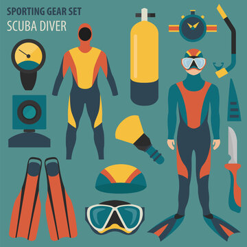 Sporting gear set. Diving equipment and scuba diver male flat design icon