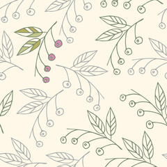 Seamless vector pattern. Doodle style, hand-drawn, outline cherry tree twigs with red berries. Berry brush isolated on a yellow background, hand-drawn design element, black and white image of a plant.