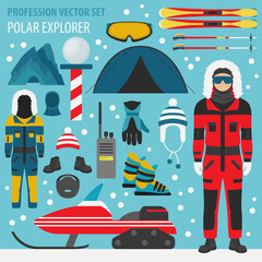 Profession and occupation set. Polar explorer, antarctic expedition equipment, flat design icon