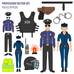 Profession and occupation set. Police officer equipment, uniform flat design icon