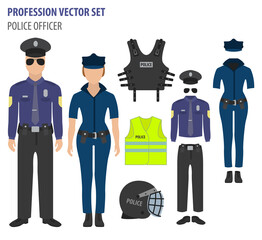 Profession and occupation set. Police officer equipment, uniform flat design icon