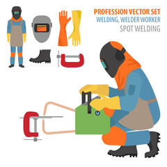 Profession and occupation set. Metal welding equipment, gas cutting flat design icon.Welder worker