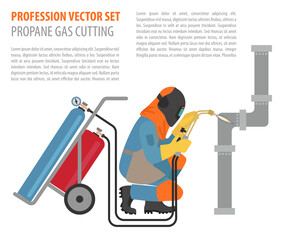 Profession and occupation set. Metal welding equipment, gas cutting flat design icon.Welder worker