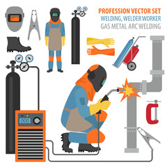 Profession and occupation set. Metal welding equipment, gas cutting flat design icon.Welder worker