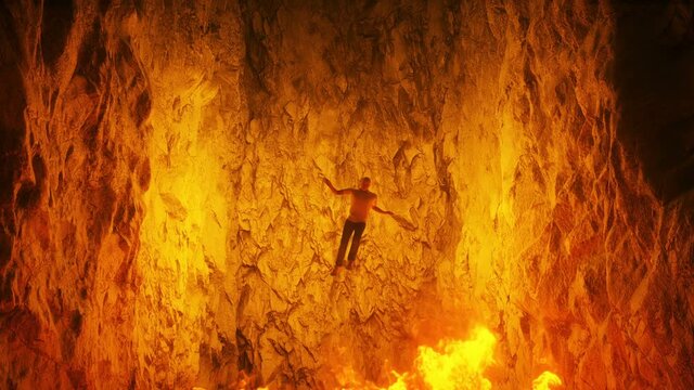 Sinners fall to hell fire. Religious concept. Realistic 4k animation.