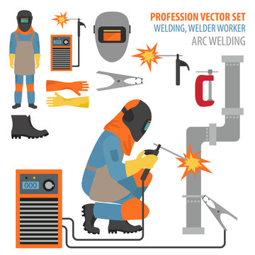 Profession and occupation set. Metal welding equipment, gas cutting flat design icon.Welder worker