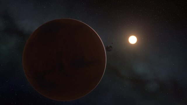 Mars and Phobos, planets of the solar system, space and stars, realistic 3D graphics, 3D Render, moving stars, planets