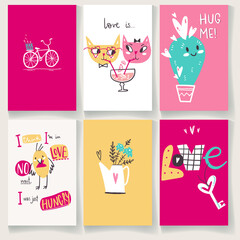 Fototapeta na wymiar Doodle collection of Valentines Day greeting cards with cute charaters and hand lettering. Cacti, cats, bird and bike, Hug, love and bouquet in naive simple style.