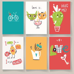 Doodle collection of Valentines Day greeting cards with cute charaters and hand lettering. Cacti, cats, bird and bike, Hug, love and bouquet in naive simple style.