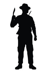 Kurkha soldier with weapon silhouette vector, military man in the battle.