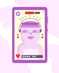 Robot girl pink. Online dating and social networking, virtual relationships concept, love. Young people looking for a couple. Couple meeting online. Vector illustration, flat style.