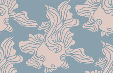 Vector calm seamless pattern with doodle fish with wavy fins drawn by hand in flat style. Animal design for baby clothes printing, package, icon, wrapping paper, wallpaper, baby goods.