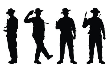 Set of Kurkha soldier with weapon silhouette vector, military man in the battle.