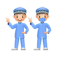 Cute two Muslim boys pointing his finger up with face mask