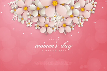Fototapeta na wymiar International happy women's day. with a pink background decorated with flowers on top. 