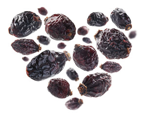 Dried rosehip berries in the shape of a heart on a white background