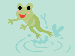 水中からジャンプするカエルのイラスト