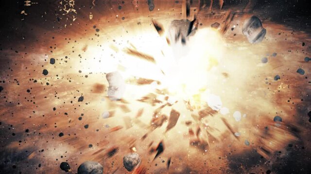 Space catastrophe, galaxy, flight through asteroids, collisions of meteorites in space, comets in space, fiery comets