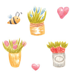 Watercolor spring clip art with flowers in a pot and in a vase, carrots in a bucket, bee and hearts in pastel colors isolated on white background