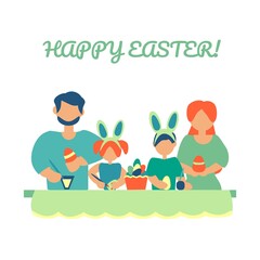 Family coloring easter eggs Easter card Flat vector illustration