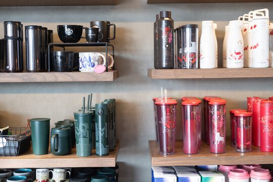 Bangkok, Thailand - January 15, 2021 : The collection of mug and tumbler. The coffee lover product displays of the Starbucks which is premium grade