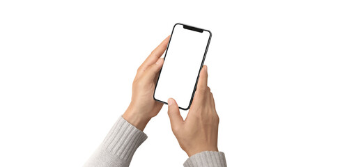 Obraz na płótnie Canvas Hand holding smartphone device touching screen