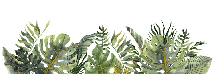 Watercolor tropical border in trendy colors. Tropic leaves arrangmant