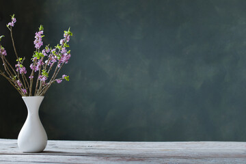 daphne flowers in vase on old wooden table on background green wall