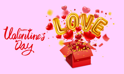 Happy Valentines day gift box open, Love gold helium metallic glossy balloons realistic, present with flying hearts