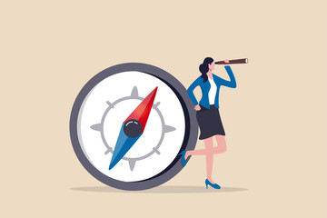 Female leadership, woman vision to lead direction, gender equality to embrace woman in business management concept, smart businesswoman standing with big compass look through spyglass or telescope. © Nuthawut