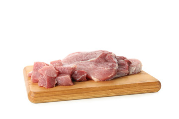 Board with raw steak meat isolated on white background