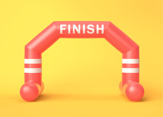 Red and white inflatable finish line arch on yellow background