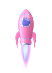Cartoon pink spacecraft with flame isolated on white. Clipping path included