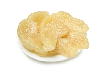 Plate with pomelo fruit slices isolated on white background