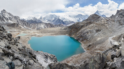 View from the top of Kongma La pass towards Makalu, Baruntse and Ama Dablam mountains, Everest 3...
