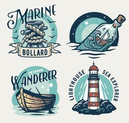 Marine print set with lighthouse at mountain. Bollard, boat and bottle. Colored t-shirt nautical apparel design