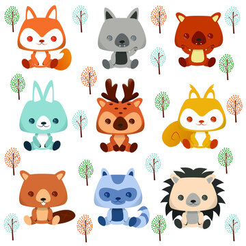 Set of cartoon stickers and emoji avatars of tropical and forest characters isolated on white background. Collection of cute animals. Heads with funny expressions. Vector illustration
