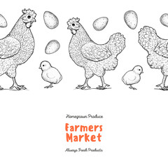 Fototapeta na wymiar Chicken, chick and eggs hand drawn, vector illustration. Vintage chicken sketch. Design element. Chicken farm label.