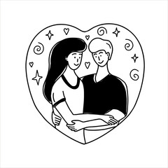 Hugging happy couple in love. Smiling man and woman look at each other.
Love concept, Valentine's day card. Hand drawn black and white vector illustration.
