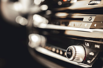 Luxury modern car interior. Automatic gearbox lever; Automatic transmission gearshift stick....