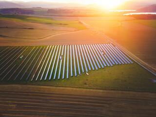 Blue solar panels. Photovoltaic modules for renewable energy..Aerial view of Solar panel....
